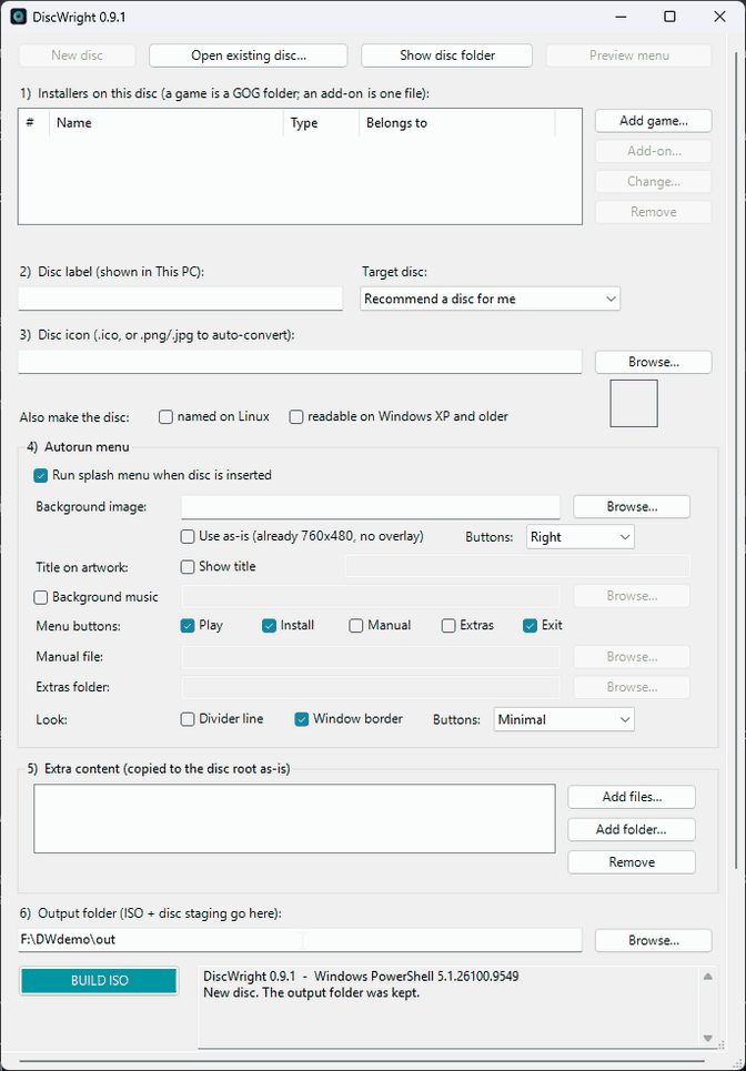 The whole build in one pass: add the game, set the label, icon and background, attach the manual and extras, name the disc on Linux, preview the menu, then BUILD ISO through to the finished file
