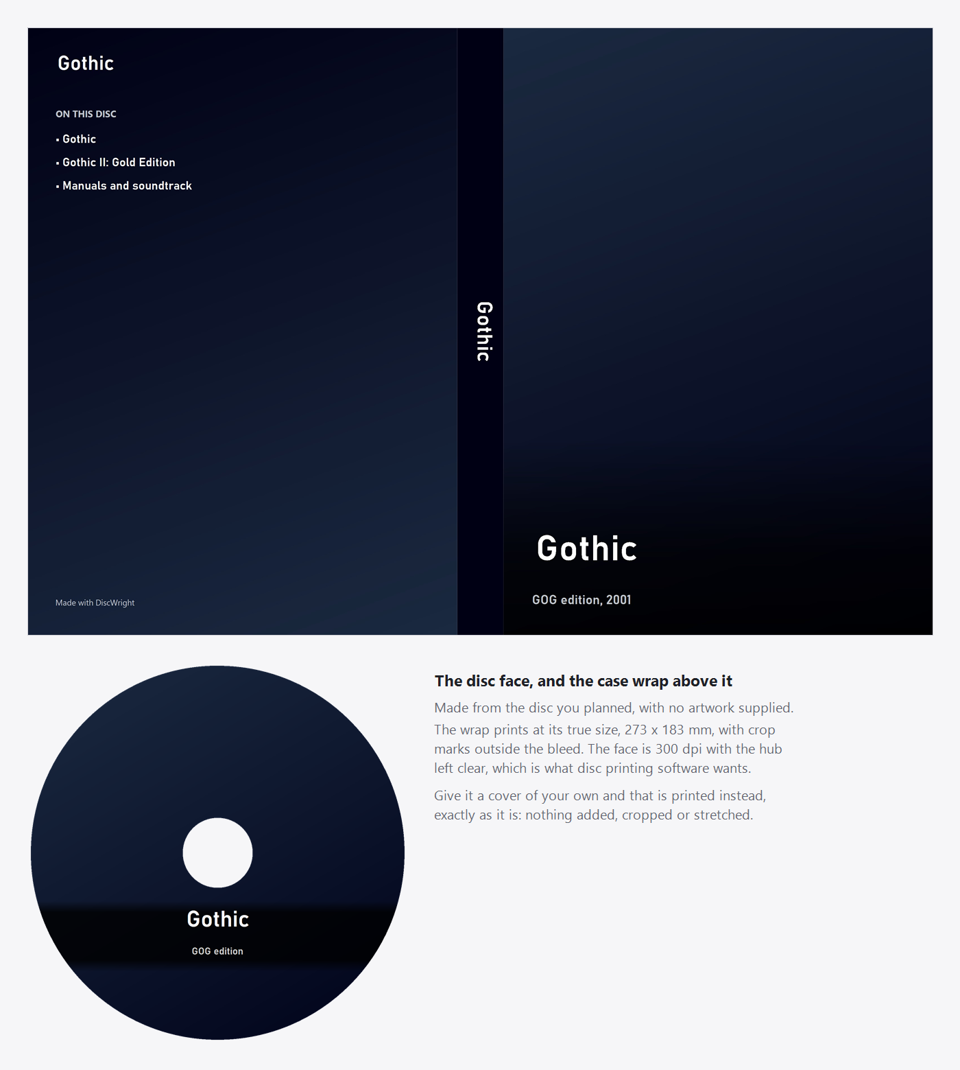 A case wrap and a disc face made by DiscWright: the wrap has a back panel listing what is on the disc, a spine, and a front with the title; below it a disc face with the hub left clear